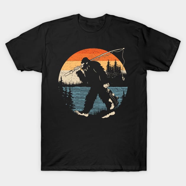 Bigfoot Fishing Sunset T-Shirt by Tesszero